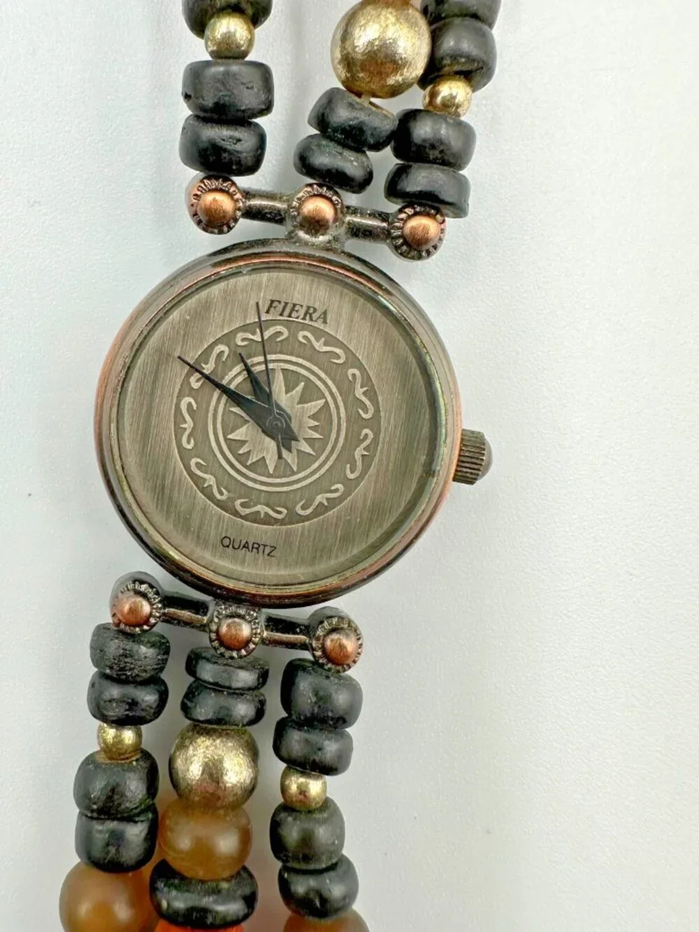 3/$30 Fiera Watch Women Brass Tone Black Beaded Wooden Band New Battery 6.5”